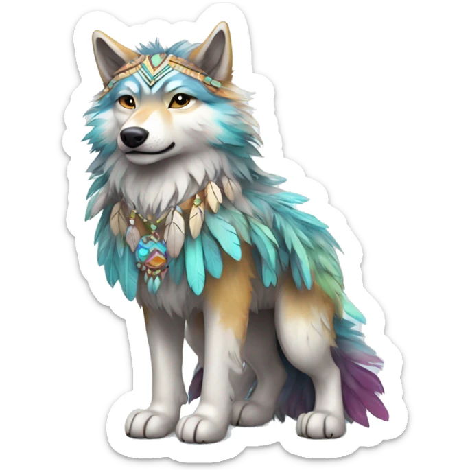 Fluffy Shy Colorful Spiritual Shamanic Wolf With Shiny Tribal Markings wearing feathers Full Body sticker