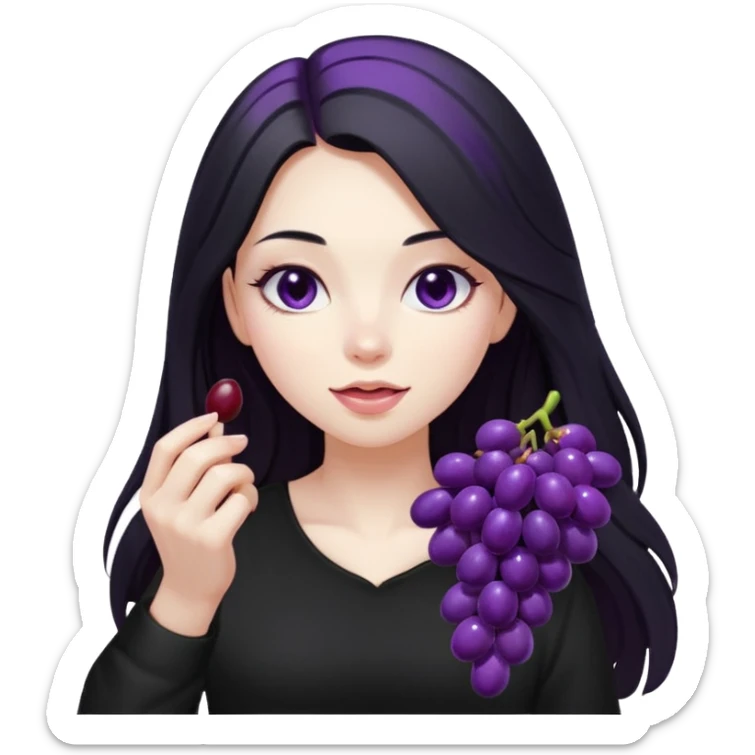 girl with long black hair, black clother with eating disorder purple food sticker