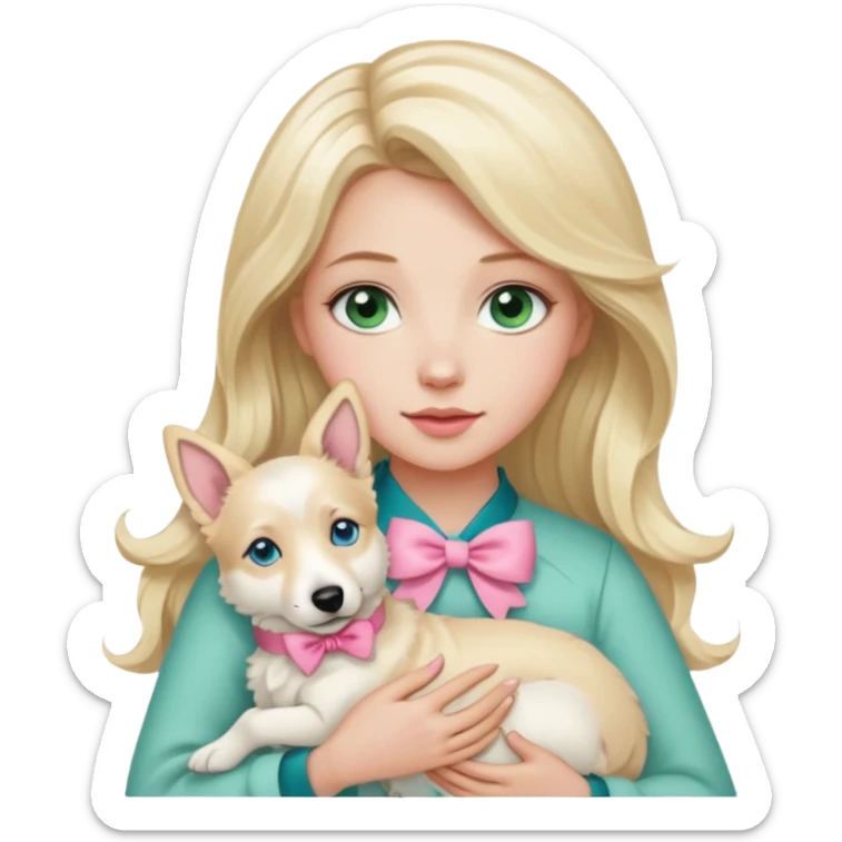 A white Long Wave blonde Hair Woman with blue-green eyes, with a Brown eyed White Shepard  in the arm ,the dog has a little bit beige in then end of the ears and a pink bow in neck . sticker