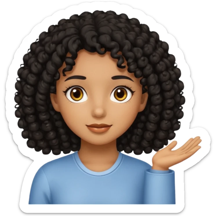 Uma menina de cabelo cacheados preto morena com os olhos puxados olhos castanhos dando bom dia sticker