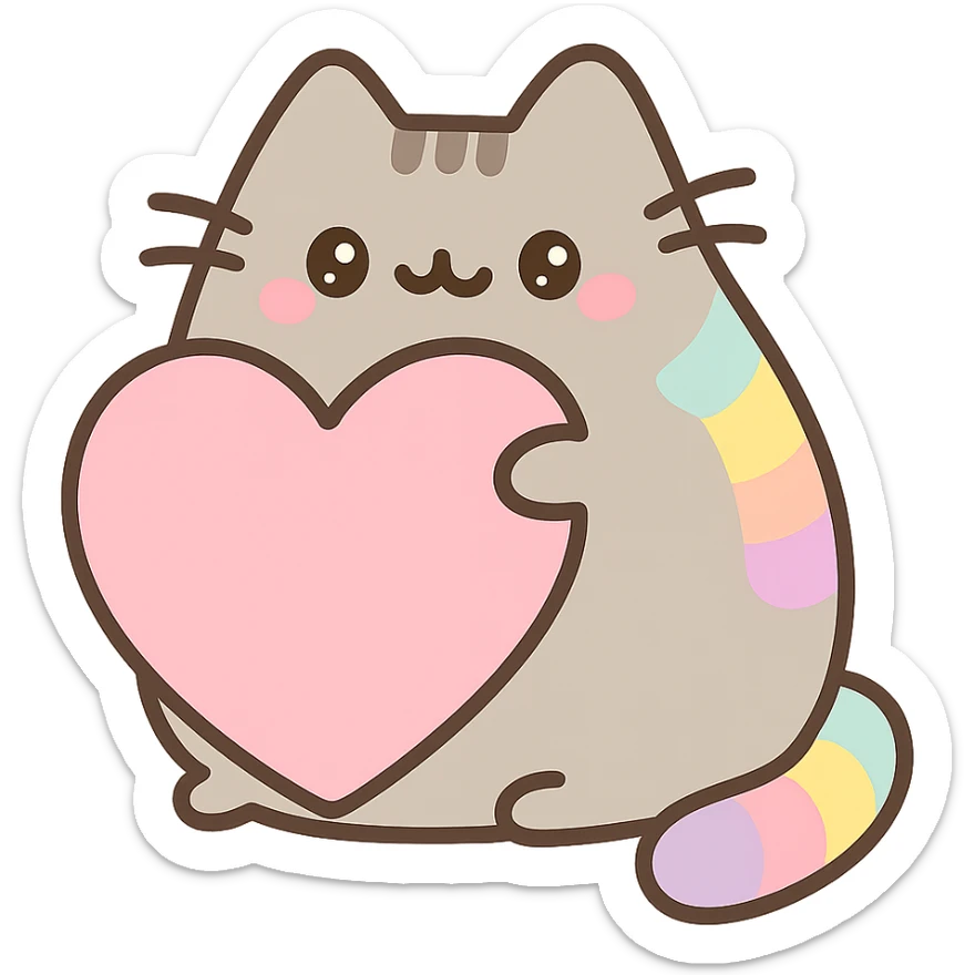 Pusheen hugging a big heart, pastel rainbow colors, ultra cute, kawaii style sticker