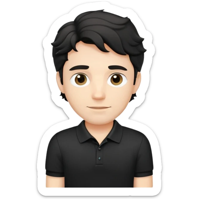 Caucasian male with wavy black hair in a comfortable black polo shirt with collar sticker