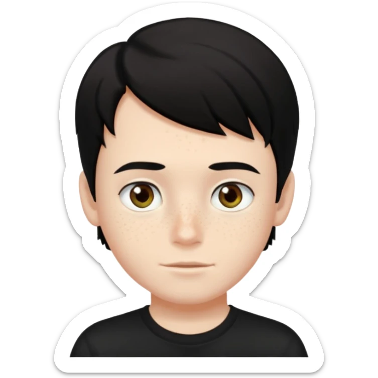 A boy with dark black hair and hazel green and brown eyes and white skin , with freckles and black t shirt  sticker