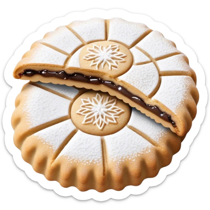 Ma'amoul Cinematic Realistic Ma'amoul Dessert Emoji, depicted as one or two delicate, date-filled cookies lightly dusted with powdered sugar, rendered with intricate textures and warm, inviting lighting. sticker