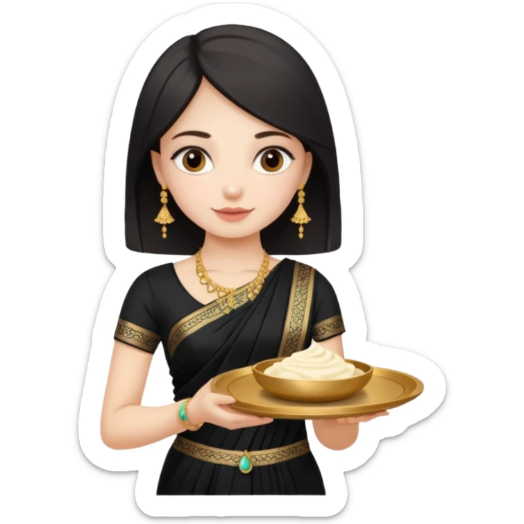 Russian girl in Indian black saree with full image from head to leg and holding a cream colour small tray in her both hands sticker