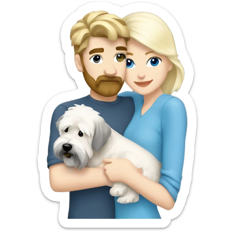 pretty woman blonde hair blue eyes hugging a white and gray soft coated wheaten terrier dog sticker