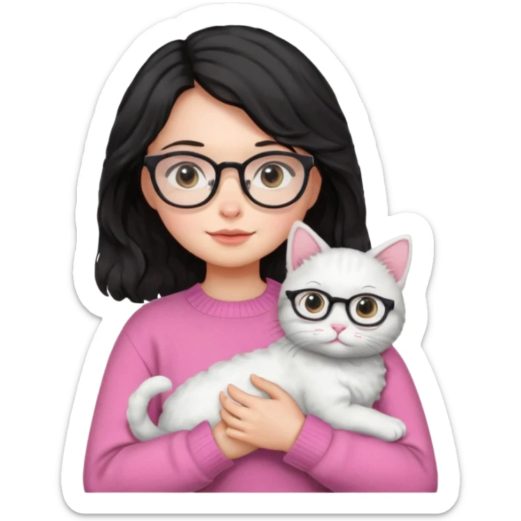 a girl with a black wavey hair, wearing a pink sweater and glasses, holding a cute white cat, only upper body sticker