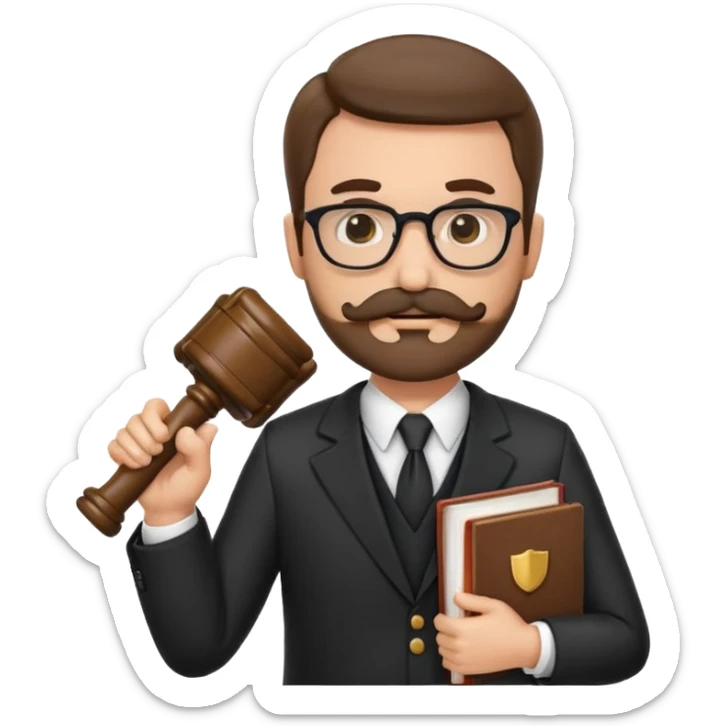 “Create a clean, modern emoji-style illustration of a male lawyer. He is wearing a formal suit jacket. He is holding a judge’s gavel in one hand and has a law book tucked under his arm. He has a mustache and beard!, and he is wearing glasses. sticker
