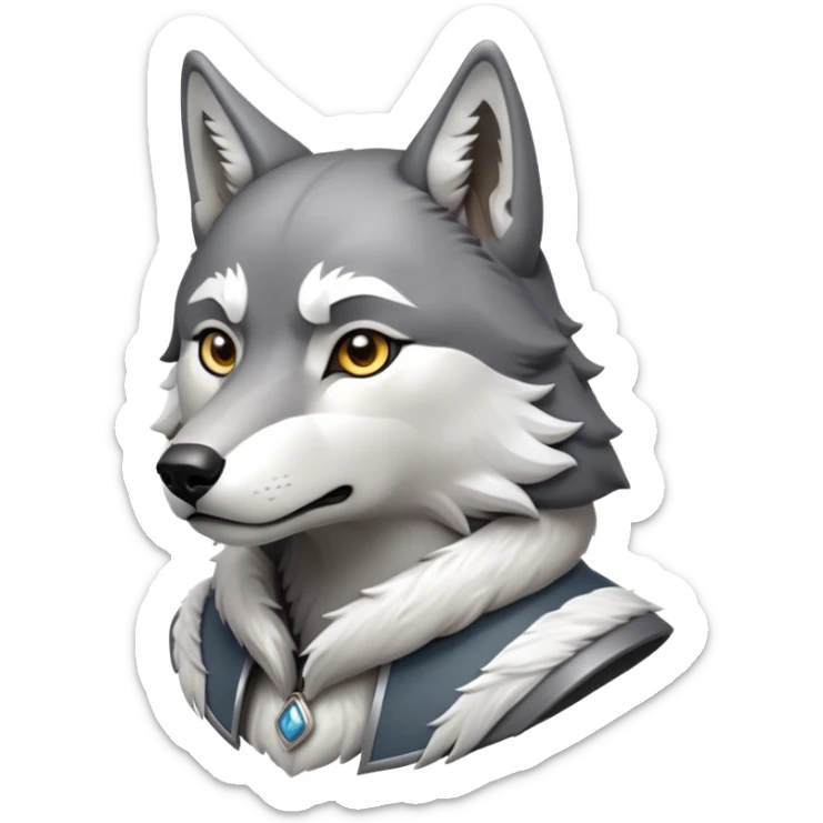 cinematic-noble-wolf-portrait-emoji,-poised-and-regal,-with-a-strong,-lean-build-and-a-sleek,-well-groomed-fur-of-grey-and-white,-deep-set-soulful-piercing-eyes,-simplified-yet-sharp-and-sophisticated-features,-highly-detailed,-full-body, zoomed out showing shoulders sticker