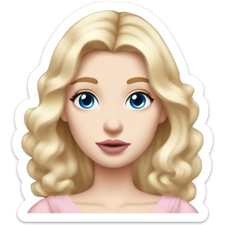 girl blonde hair pale skin blue eyes. Pink lips blush skinny nose siren eyes (model face). blowout with long hair. light pink dress, puffed sleeves, dainty choker necklace (think Versailles but not too much).  sticker