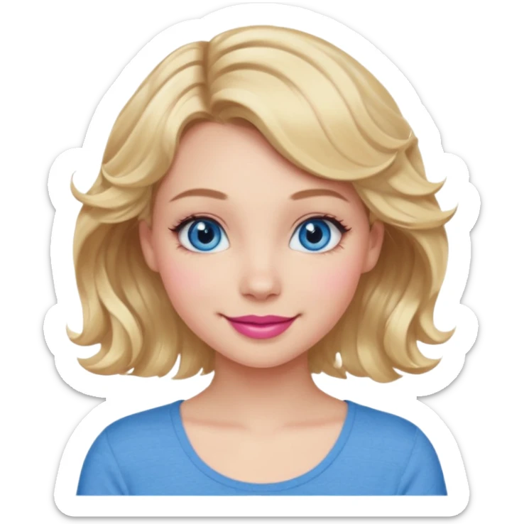 Girl Blonde short wavy hair,  blue eyes, cute blue top, long lashes, pink lips, 👄  sticker
