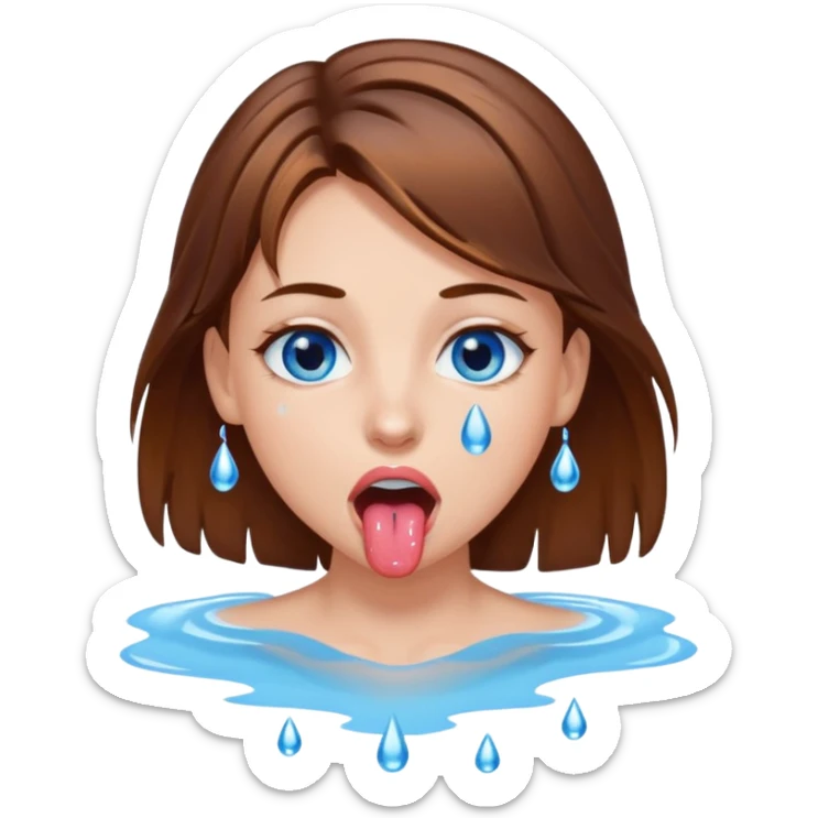 Girl with brown hair, blue eyes, a wet face and her tongue out. Can you make her face more wet? Can you add clear water droplets on her face and tongue? sticker