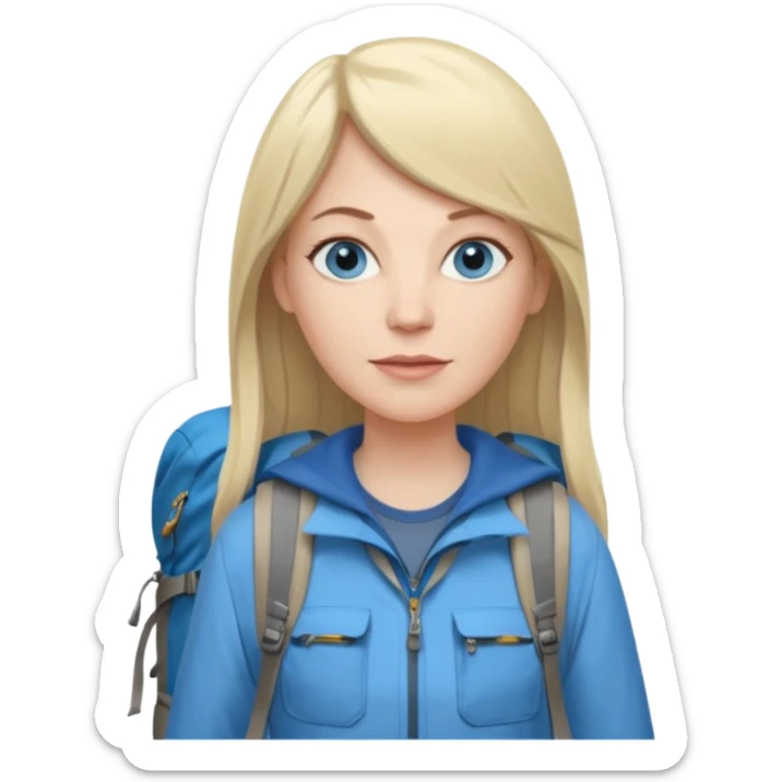 45 yr old white woman, pale skin, long straight blond hair parted in center, blue eyes, bangs, clothes for hike sticker
