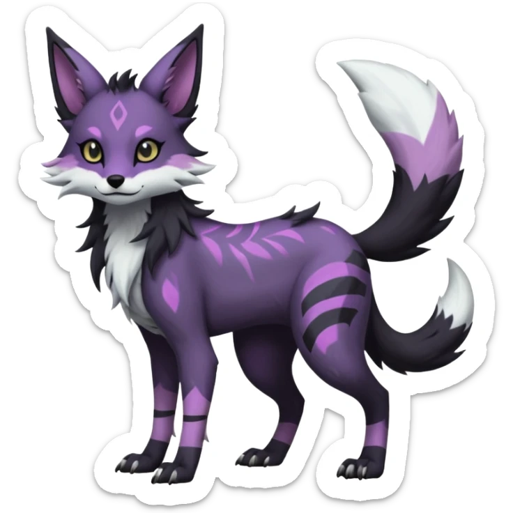 Kawaii dark black purplish blackish edgy fantasy ethereal feline-vernid-sergal-monster-furret-Lycanroc-umbreon-fursona animal creature full body with intricate markings  sticker
