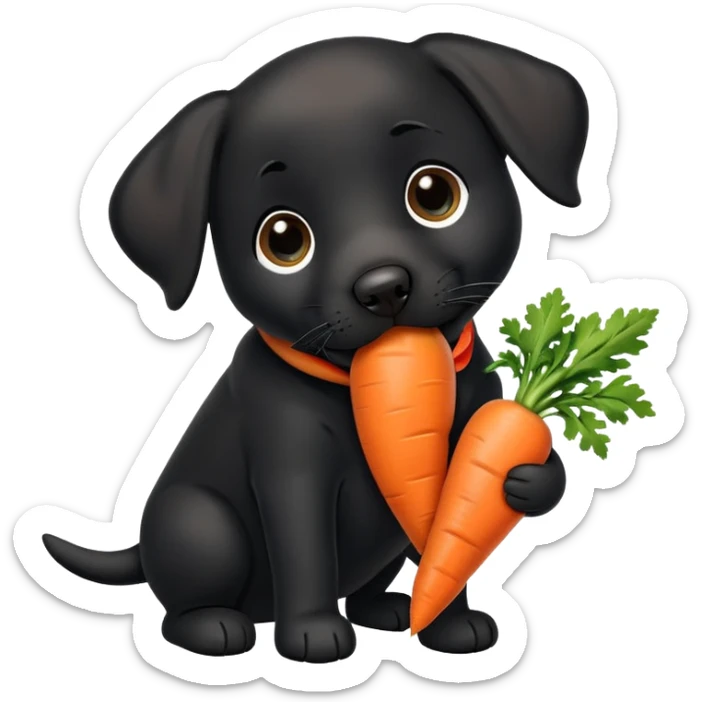 A cute black Labrador puppy with a gigantic carrot in its mouth sticker
