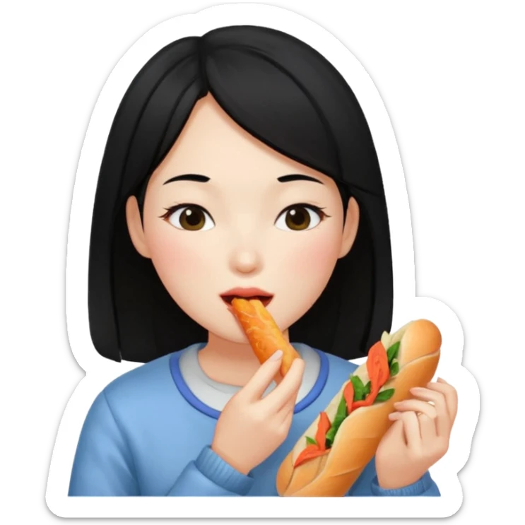 Girl black long hair eat kimchi close eyes baguette sticker
