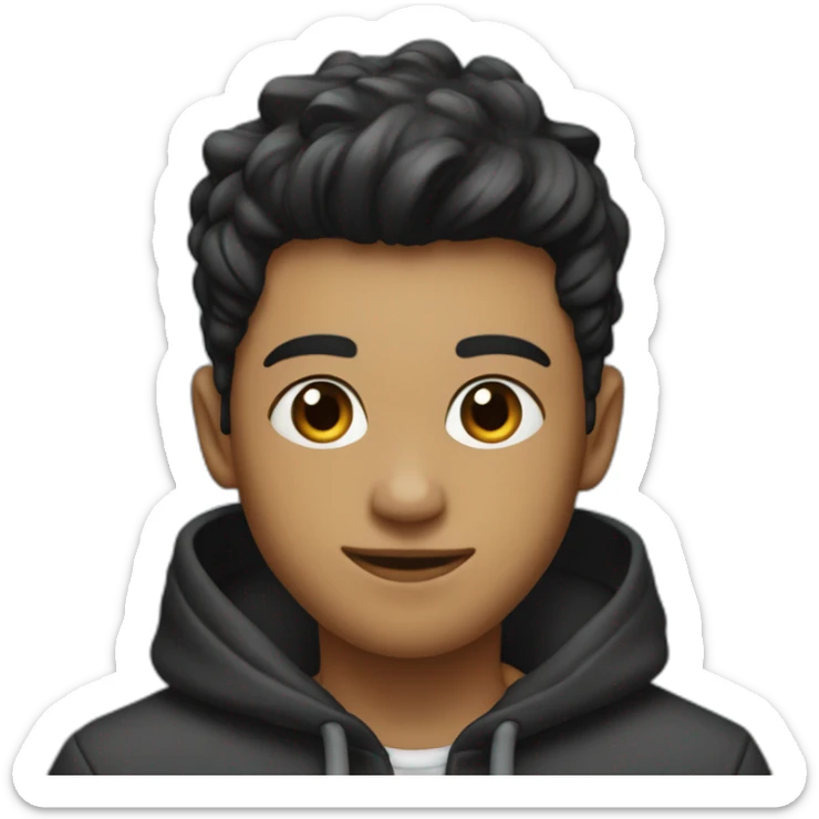 a fair boy with taper fades hairstyle, smiling, with black har, black eyebrown, black eyes, in a hoddie sticker