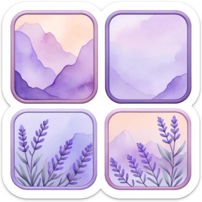 The art style is clean line art with delicate watercolor textures, pastel colors, and a dominant palette of lavender, soft lilac, and muted purple.  Delicate frames to border text sticker