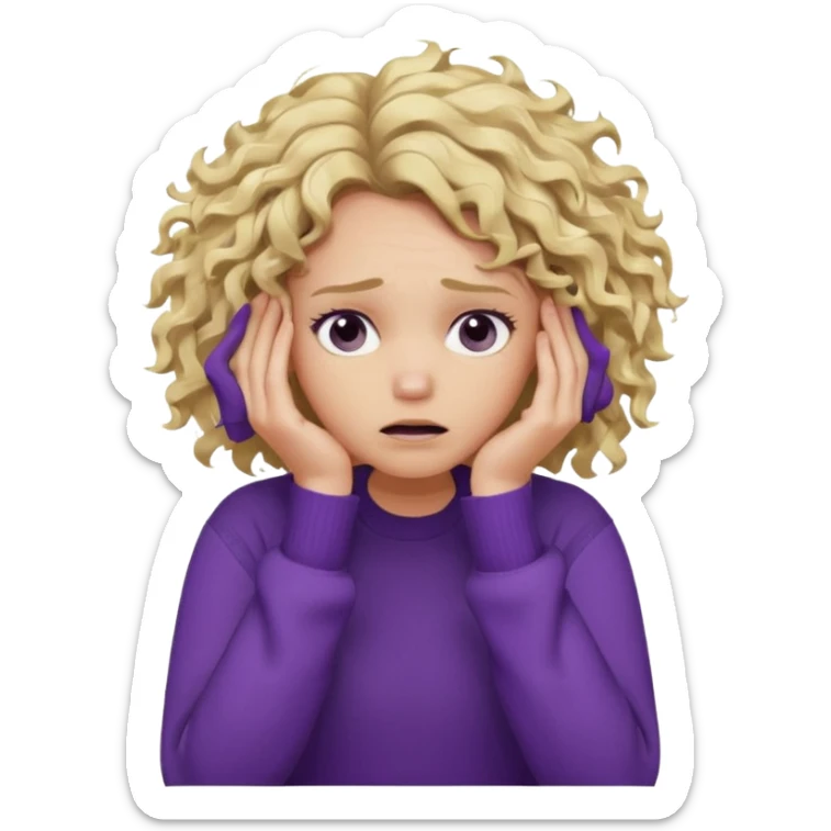 Emoji-style illustration of a frustrated young woman, messy curly tousled blonde hair, wearing a purple sweater, holding her face in her hands, expressing annoyance and disappointment, cartoonish, expressive, simple lines, flat colors, clear silhouette,  sticker