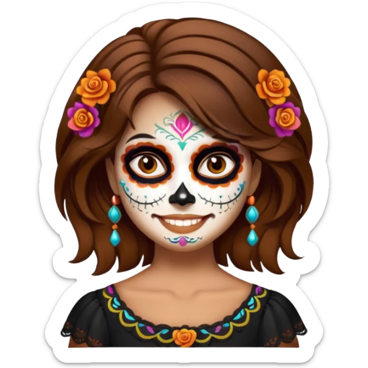 dia de los muertos girl happy Brown hair sticker