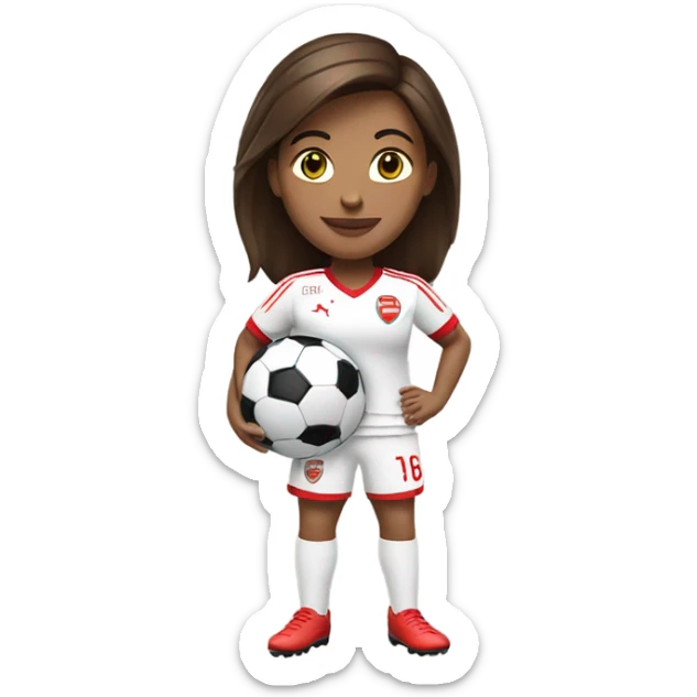 Pretty woman with short brown hair holding a soccer ball and wearing an Arsenal jersey sticker
