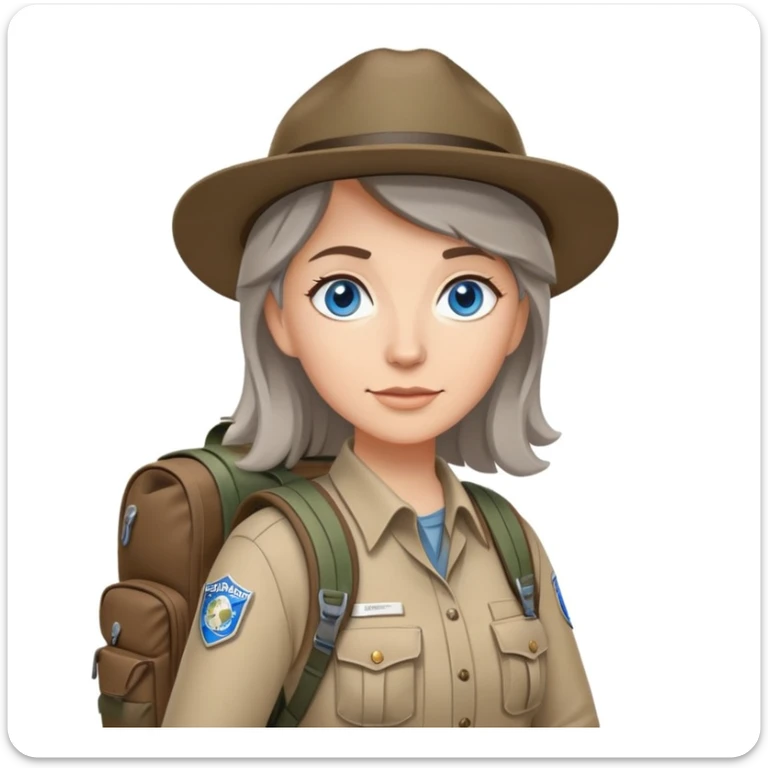 white woman park ranger with blue eyes, brown and gray hair, wearing a backpack, standing in a nature background sticker