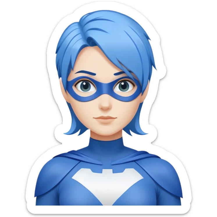 A close-up emoji of a friendly woman with blue hair (no eye mask) wearing a minimalist blue and white superhero costume. The costume has a large empty area on the chest for the logo, uses only blue and white colors, and has minimal details. sticker