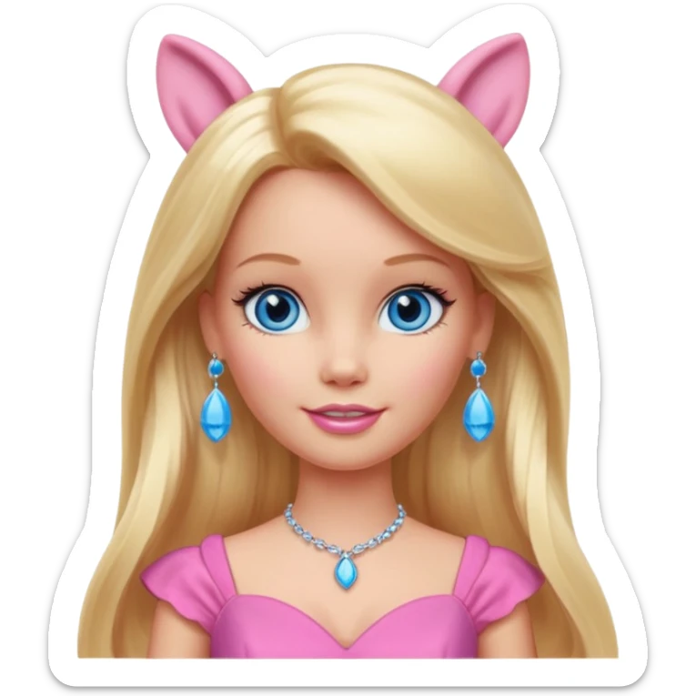 barbie, long blonde hair, pink dress, with blue eyes,different dress, big ear rings sticker