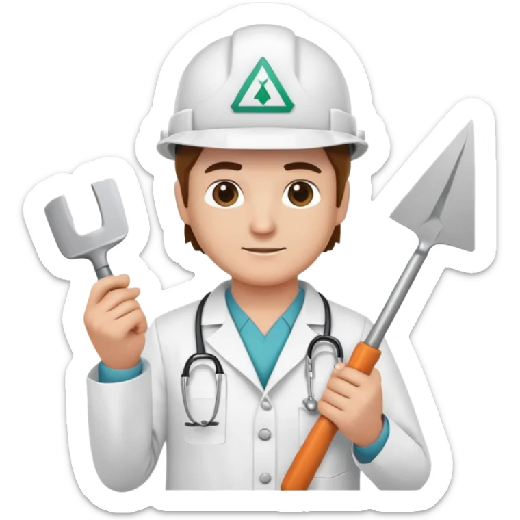 Brick mason wearing a hard hat but in a doctors gown emoji holding a triangle shaped trowel sticker