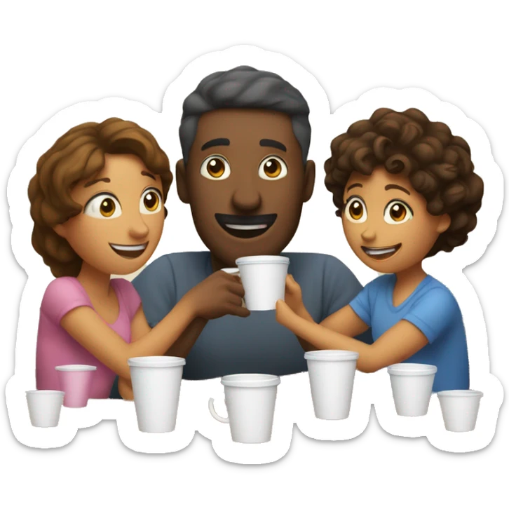An emoji of a family—mother, father, and child—sitting at a table, playing a cup game with paper cups arranged on the table as they have fun together sticker