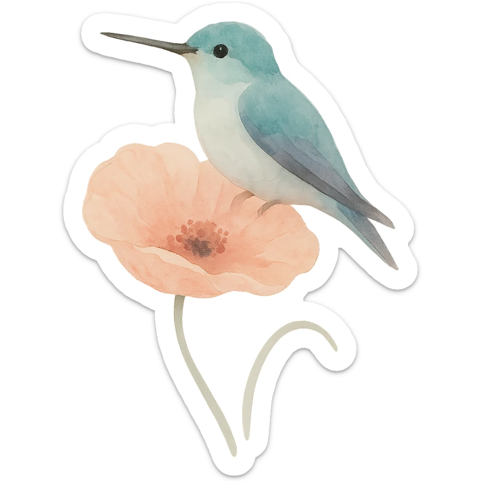 A watercolor style illustration of a hummingbird sitting on a poppy flower, with delicate colors and an artistic impression, no background. sticker