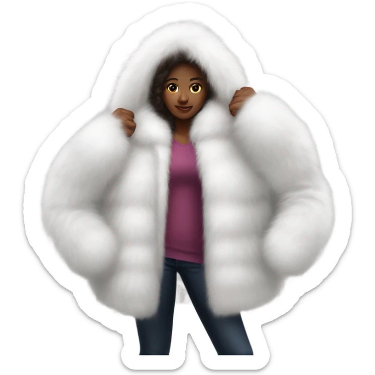 Girl in a extremely big fluffy oversized white fur coat with hood on. The fur is real and it’s very obvious big and fluffy  sticker