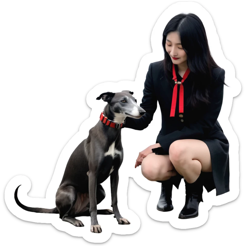 A very beautiful and attractive 25-year-old Japanese woman with long flowing black hair gently petting a PURE SOLID DARK GREY whippet wearing only a bright RED COLLAR on a beach at night under a starry sky. The whippet MUST be 100% SOLID DARK GREY with ABSOLUTELY NO WHITE MARKINGS ANYWHERE - specifically NO WHITE on face, NO WHITE on chest, NO WHITE on paws, NO WHITE anywhere - ENTIRELY ONE CONSISTENT SOLID DARK GREY COLOR throughout the entire dog from nose to tail tip. Only exception is the bright red collar. Deep blue night sky filled with bright stars, moonlight reflecting on the ocean, sandy beach in the foreground. sticker