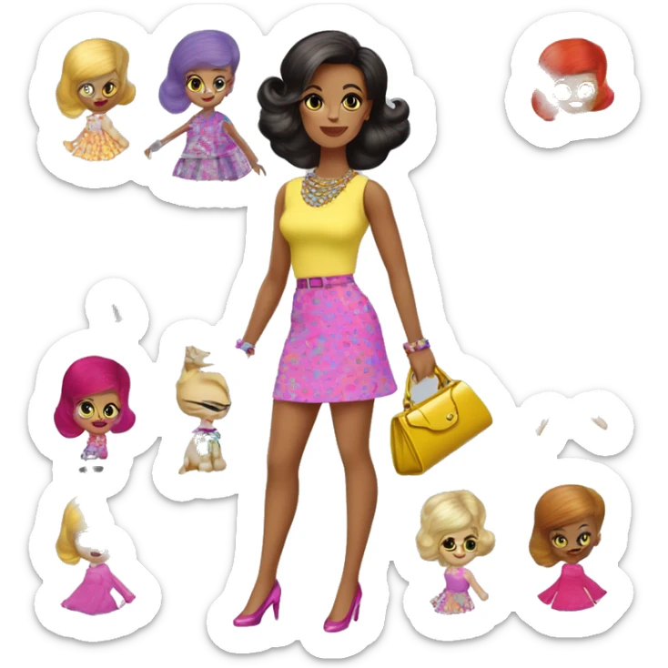 Nighty Brights Francie. Enid Sinclair. Mini-skirt, pumps, bracelet, earrings, purse , tights,go-go boots, Going out with Slippers the kitten.  sticker