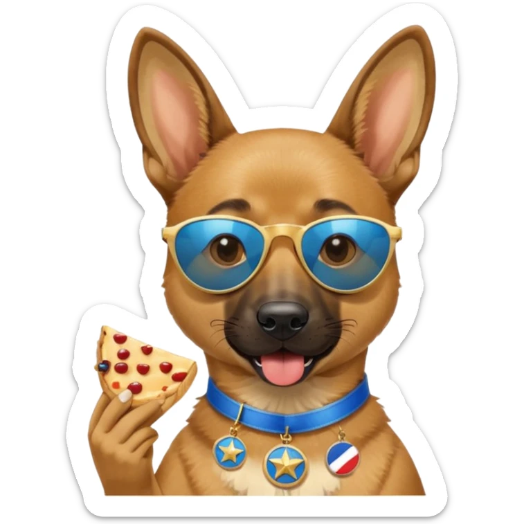 malinois dog head with star sunglasses holding a slice of Parisian flan in its mouth, the flan slice has a blue medal with a white center around it sticker