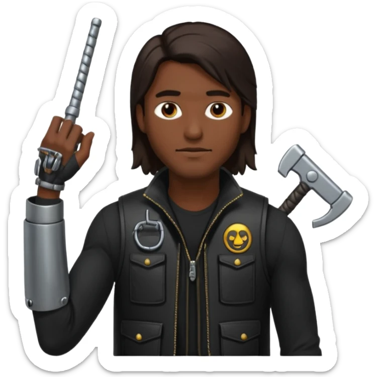 man with long dark brown hair and a black tac vest, a metal arm sticker