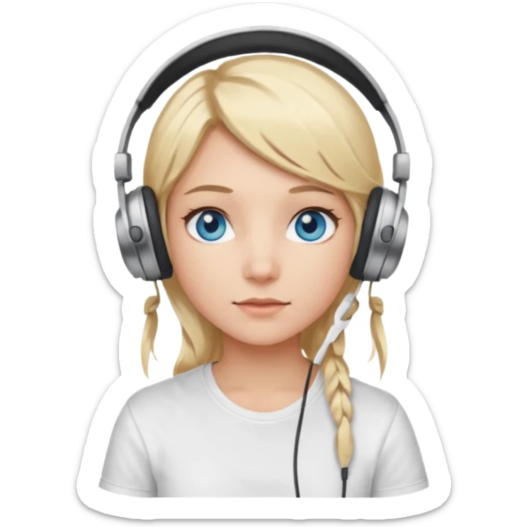 girl with blonde hair and blue eys, having on ears heaphones, with heands telling what, with white shirt sticker