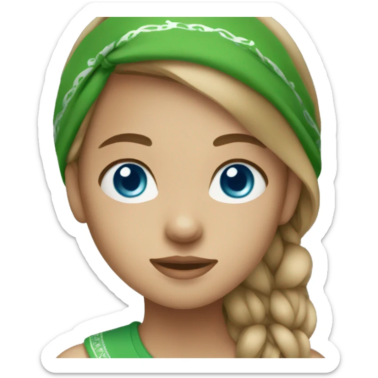 girl with blue eyes, light brown straight hair, wearing a green bandana sticker