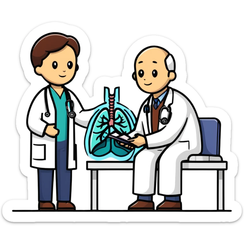 Doctor listening to patient's lungs with stethoscope, cancer screening examination in medical office sticker