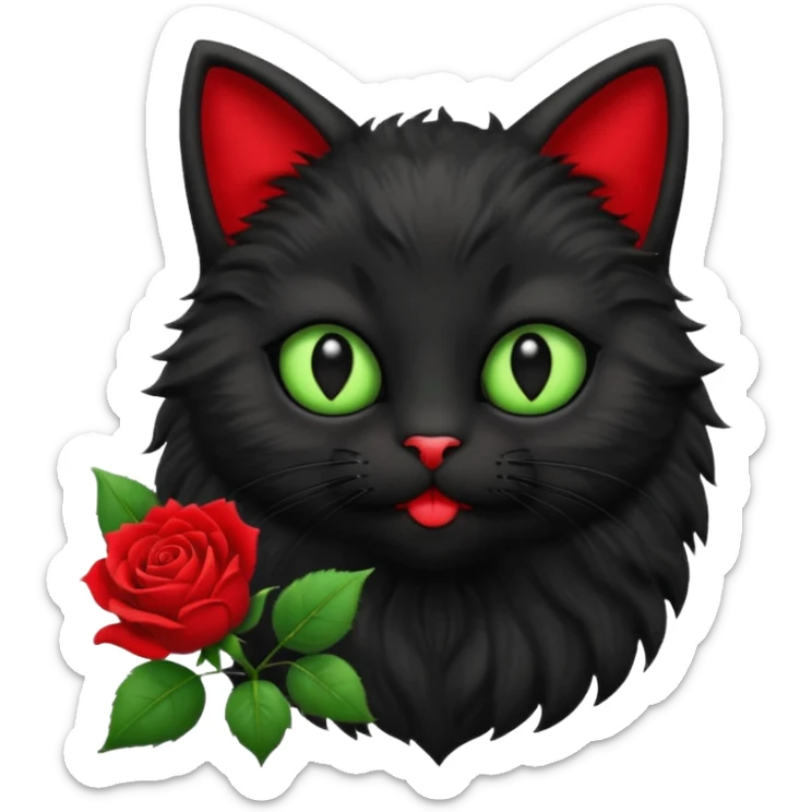 Cute emoji-style black cat holding a red rose in its mouth, big round eyes with light green sclera and black pupils, fluffy fur, clean mascot style, centered, soft beige background, 1:1 ratio. sticker