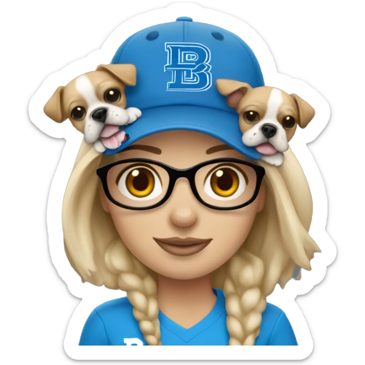 A blonde haired girl wearing a Detroit Lions hat and holding a Boston terrier sticker