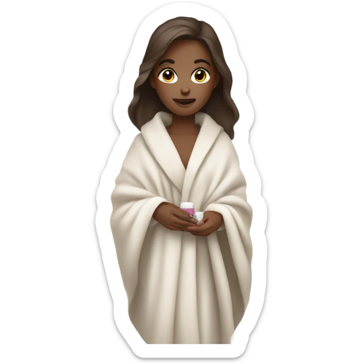 Brown hair girl white skin holding nail polish wrapped in blanket sticker