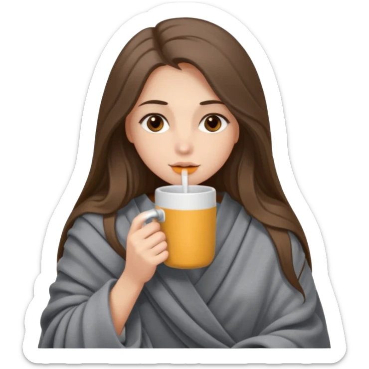 Brown-eyed, fair-skinned girl with long hair down to her shoulders, wrapped in a gray blanket, drinking from a New Year's mug sticker