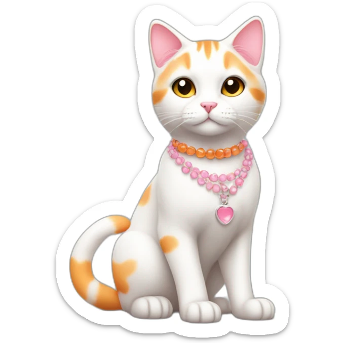 full body white orange cat cute with a small black eyes and a paw pink necklace sticker