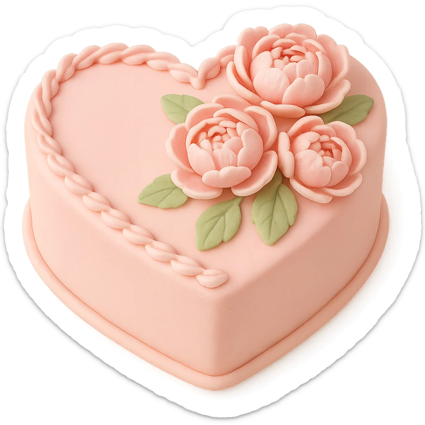 heart-shaped fondant cake with piped peonies, fondant cake art style sticker