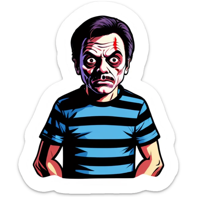 Make him as ugly as he is in the photo. Lazy eyes. Serial killer vibes. Try to be as exact ad the photo. sticker