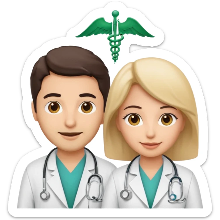 A cute cartoon-style emoji of a Saudi male and female doctors wearing white lab coats with the Alfarabi Medical Laboratories logo. Friendly smiles, soft colors, and simple features, suitable for medical branding and social media. sticker