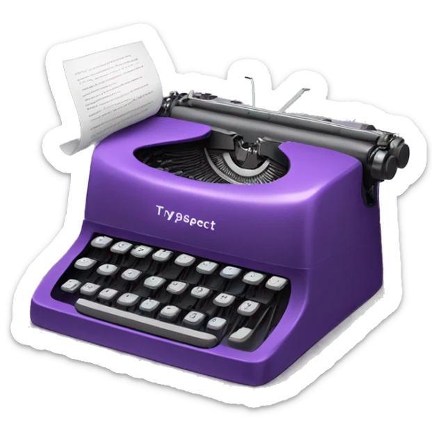 a purple typewriter that is writing out a piece of paper. the piece of paper says "TypeSpec" on it sticker