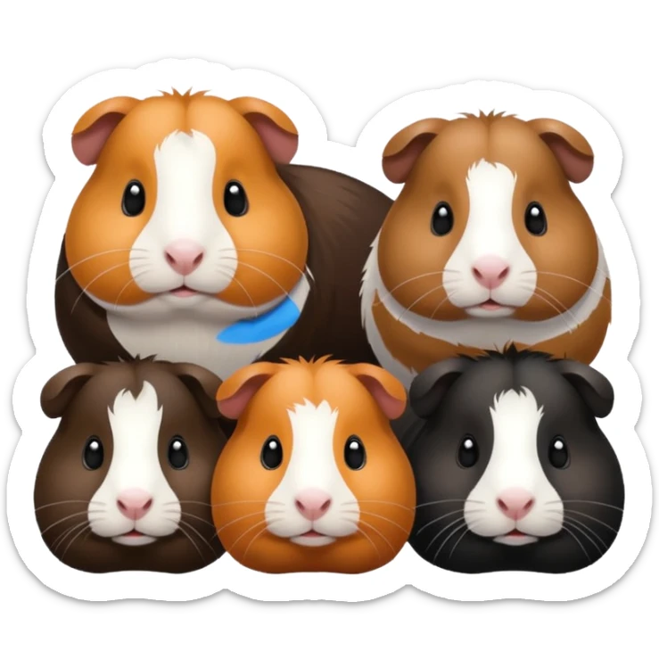 a group of 8 guinea pigs 2  big and creme colour 2 big and black 1 small black white and brown 1 small black and brown 1 small white and 1 small creme  sticker