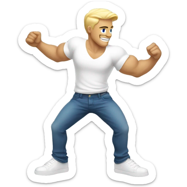 Dancing guy with white t shirt and blue jeans, white sKin and blonde hair. Lean and defined muscles sticker